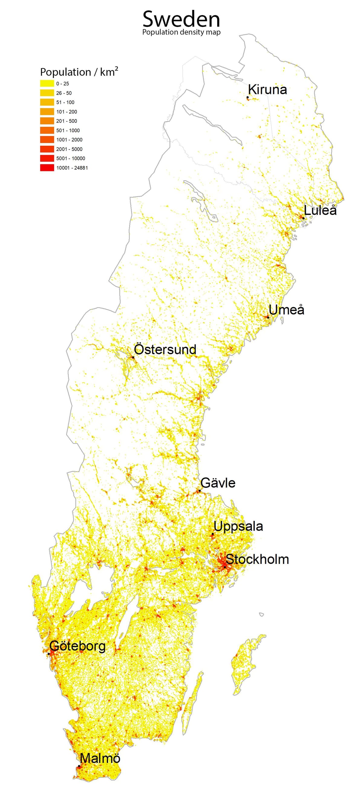 densità della popolazione mappa di Svezia